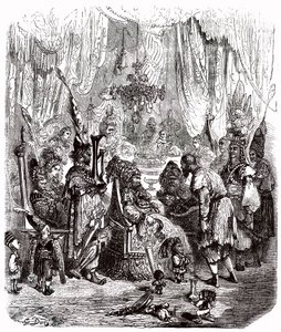 Sindbad sjömannen (Sinbad) - berättelsen om de tusen och en (1001) nätterna - illustration av Gustave Dore - Maxwell edition 1865 - Prolog: en fattig bärare (Hinbad) presenterar sig för Sindbad, som har blivit gammal och rik. Den senare kommer att berätta  av Gustave Dore
