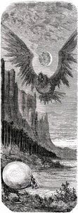 Sindbad sjömannen (Sinbad) - berättelsen om de tusen och en (1001) nätterna - illustration av Gustave Dore - utgåva Maxwell 1865 - Andra resan: Sindbad har upptäckt på en ö ett stort ägg av den gigantiska fågeln Roc och attackeras av denna jättefågel - av Gustave Dore