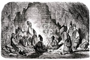 Sindbad sjömannen (Sinbad) - sagan om de tusen och en (1001) nätterna - illustration av Gustave Dore - Maxwell edition 1865 - Första resan: Sindbad, som övergivits mitt ute på havet av sina kamrater, når en ö och möter i en grotta blekfrenien av Gustave Dore