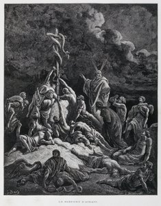 Så gjorde Mose en orm av brons och satte upp den på en påle. Numeri 21:7, illustration från Dore-bibeln av Gustave Dore