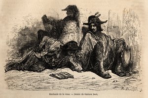 Studenter av tonfisk (eller tunantes) i distriktet vid universitetet i Alcala de Henares, det speciella med dessa studenter som har antagit ledigt, fritt och vandrande liv är att inte studera, skissa på live av Gustave Dore. Gravyr för att illustrera resan av Gustave Dore