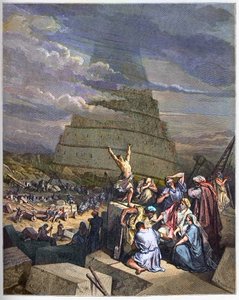 TOWER OF BABEL - Babels torn illustration av Genesis och språkförvirring av Yahve. Till höger diskuterar kung Nimrud (eller Nimrod, Nemrod) med arkitekterna - gravyr i "The Bible illustree" av Gustave Dore (1832-1883) - Gravyr från "" Th av Gustave Dore