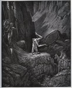The Acrobatic Penitence of Don Quijote in Sierra Morena - från "" Don Quixote de la Mancha"" av Miguel Cervantes (1547-1616) (Don Quijote) - Träsnitt efter teckning av Gustave Dore av Gustave Dore
