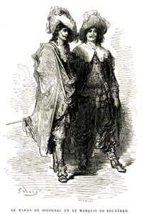 Baron de Sigognac och markis de Bruyeres. Gravyr av Gustave Dore som illustrerar Theophile Gautiers roman "Le capitaine Fracasse", edition Charpentier 1863. av Gustave Dore
