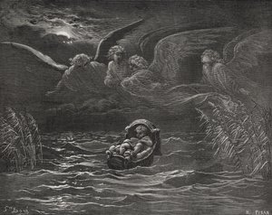 Barnet Moses på Nilen, 2 Mosebok 2:1-4, illustration från Dores "The Holy Bible", graverad av H.Pisan, 1866. av Gustave Dore