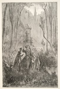 The Countess of the Fountain and her Damsels, från Stories of the Days of King Arthur av Charles Henry Hanson, pub.1898 av Gustave Dore
