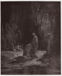 The Divine Comedy (La Divina Comedia, La Divine Comedie), Purgatorio, Canto 7: Poeten Sordello, förvånad, knäböjer framför Vergilius - av Dante Alighieri (1265-1321) - Illustration av Gustave Dore (1832-1883) av Gustave Dore