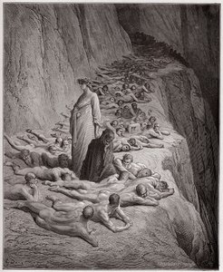 The Divine Comedy (La Divina Comedy, La Divine Comedie), Purgatorio, Canto 19: De girigas själar: Adrian V talar till Dante - av Dante Alighieri (1265-1321) - Illustration av Gustave Dore (1832-1883) av Gustave Dore