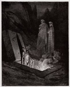 The Divine Comedy (La Divina Commedia, La Divine Comedie), Inferno, Canto 10: Farinata degli Uberti tilltalar Dante - av Dante Alighieri (1265-1321) - Illustration av Gustave Dore (1832-1883) av Gustave Dore