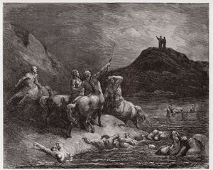 The Divine Comedy (La Divina Commedia, La Divine Comedie), Inferno, Canto 12: Nessus and the centaurs - av Dante Alighieri (1265-1321) - Illustration av Gustave Dore (1832-1883) av Gustave Dore