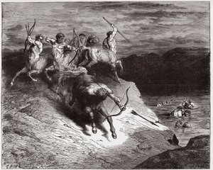 The Divine Comedy (La Divina Commedia, La Divine Comedie), Inferno, Canto 12: Kentaurerna attackerar själarna i kokande blod - av Dante Alighieri (1265-1321) - Illustration av Gustave Dore (1832-1883) av Gustave Dore