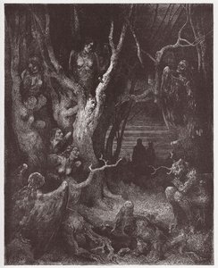 Den gudomliga komedin (La Divina Commedia, La Divine Comedie), Inferno, Canto 13: Harpierna i självmordsskogen - av Dante Alighieri (1265-1321) - Illustration av Gustave Dore (1832-1883) av Gustave Dore