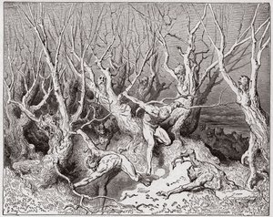 The Divine Comedy (La Divina Commedia, La Divine Comedie), Inferno, Canto 13: Självmorden flyr från skogen - av Dante Alighieri (1265-1321) - Illustration av Gustave Dore (1832-1883) av Gustave Dore