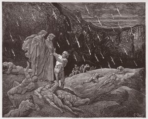 The Divine Comedy (La Divina Commedia, La Divine Comedie), Inferno, Canto 15: Brunetto Latini accosts Dante - av Dante Alighieri (1265-1321) - Illustration av Gustave Dore (1832-1883) av Gustave Dore