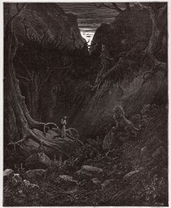The Divine Comedy (La Divina Commedia, La Divine Comedie), Inferno, Canto 1: Lejonet konfronterar plötsligt Dante - av Dante Alighieri (1265-1321) - Illustration av Gustave Dore (1832-1883) av Gustave Dore