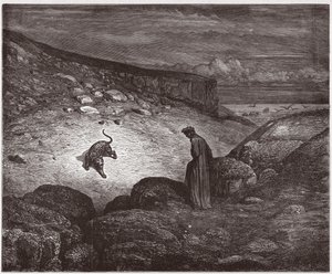 Den gudomliga komedin (La Divina Commedia, La Divine Comedie), Inferno, Canto 1: Pantern i början av uppstigningen - av Dante Alighieri (1265-1321) - Illustration av Gustave Dore (1832-1883) av Gustave Dore