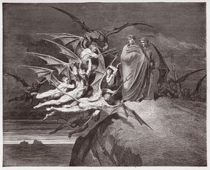 Den gudomliga komedin (La Divina Commedia, La Divine Comedie), Inferno, Canto 21: Demonerna hotar Vergilius - av Dante Alighieri (1265-1321) - Illustration av Gustave Dore (1832-1883) av Gustave Dore