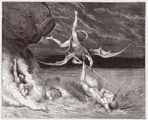 The Divine Comedy (La Divina Commedia, La Divine Comedie), Inferno, Canto 22: Ciampolo flyr demonen Alichino i den femte bolgia - av Dante Alighieri (1265-1321) - Illustration av Gustave Dore (1832-1883) av Gustave Dore