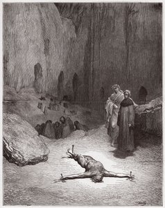 Den gudomliga komedin (La Divina Commedia, La Divine Comedie), Inferno, Canto 23: En korsfäst farisé bland hycklarna - av Dante Alighieri (1265-1321) - Illustration av Gustave Dore (1832-1883) av Gustave Dore