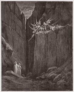 The Divine Comedy (La Divina Commedia, La Divine Comedie), Inferno, Canto 23: Poeterna flyr demonerna i den femte bolgia - av Dante Alighieri (1265-1321) - Illustration av Gustave Dore (1832-1883) av Gustave Dore
