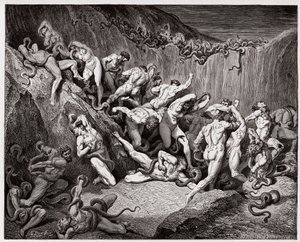 Den gudomliga komedin (La Divina Commedia, La Divine Comedie), Inferno, Canto 24: Tjuvarna plågade av ormar - av Dante Alighieri (1265-1321) - Illustration av Gustave Dore (1832-1883) av Gustave Dore
