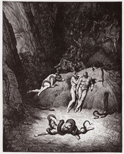 The Divine Comedy (La Divina Commedia, La Divine Comedie), Inferno, Canto 25: Agnello transforming into a orm - av Dante Alighieri (1265-1321) - Illustration av Gustave Dore (1832-1883) av Gustave Dore