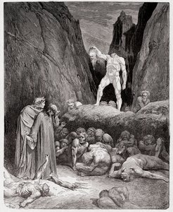 The Divine Comedy (La Divina Commedia, La Divine Comedie), Inferno, Canto 28: Det avhuggna huvudet av Bertrand de Born talar till Dante - av Dante Alighieri (1265-1321) - Illustration av Gustave Dore (1832-1883) av Gustave Dore