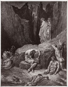 The Divine Comedy (La Divina Commedia, La Divine Comedie), Inferno, Canto 29: Vergilius bestrider Dantes nyfikenhet - av Dante Alighieri (1265-1321) - Illustration av Gustave Dore (1832-1883) av Gustave Dore