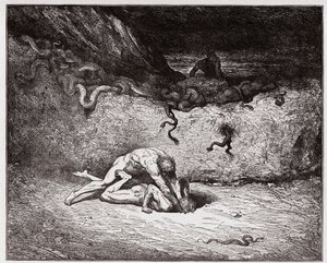 The Divine Comedy (La Divina Commedia, La Divine Comedie), Inferno, Canto 30: The torment of the forgers in the ninth bolgia (Gianni Schicchi) - av Dante Alighieri (1265-1321) - Illustration av Gustave Dore (1832-1883) av Gustave Dore