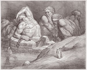 The Divine Comedy (La Divina Commedia, La Divine Comedie), Inferno, Canto 31: Ephialtes in manacles among the giants - av Dante Alighieri (1265-1321) - Illustration av Gustave Dore (1832-1883) av Gustave Dore