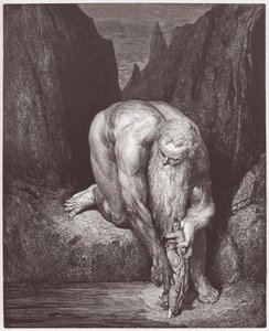 Den gudomliga komedin (La Divina Commedia, La Divine Comedie), Inferno, Canto 31: Jätten Antaeus sänker Dante och Vergilius in i den sista cirkeln - av Dante Alighieri (1265-1321) - Illustration av Gustave Dore (1832-1883) av Gustave Dore