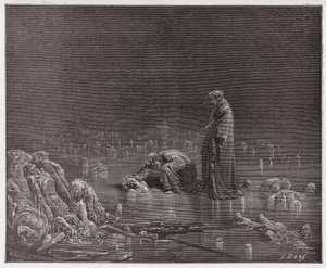 The Divine Comedy (La Divina Commedia, La Divine Comedie), Inferno, Canto 32: Dante tilltalar förrädaren Bocca degli Abati - av Dante Alighieri (1265-1321) - Illustration av Gustave Dore (1832-1883) av Gustave Dore