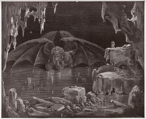 The Divine Comedy (La Divina Commedia, La Divine Comedie), Inferno, Canto 34: Lucifer, kung av helvetet, frusen i isen - av Dante Alighieri (1265-1321) - Illustration av Gustave Dore (1832-1883) av Gustave Dore