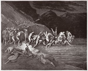 Den gudomliga komedin (La Divina Commedia, La Divine Comedie), Inferno, Canto 3: De dömda själarna som ger sig iväg för att korsa Acheron - av Dante Alighieri (1265-1321) - Illustration av Gustave Dore (1832-1883) av Gustave Dore