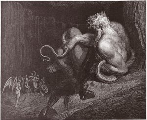 The Divine Comedy (La Divina Commedia, La Divine Comedie), Inferno, Canto 5: Minos dömer överträdelserna och skickar ut själarna - av Dante Alighieri (1265-1321) - Illustration av Gustave Dore (1832-1883) av Gustave Dore