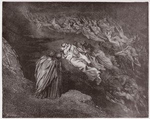 The Divine Comedy (La Divina Commedia, La Divine Comedie), Inferno, Canto 5: Francescas själ talar till Dante - av Dante Alighieri (1265-1321) - Illustration av Gustave Dore (1832-1883) av Gustave Dore