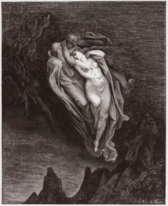 The Divine Comedy (La Divina Commedia, La Divine Comedie), Inferno, Canto 5: The souls of Paolo and Francesca - av Dante Alighieri (1265-1321) - Illustration av Gustave Dore (1832-1883) av Gustave Dore