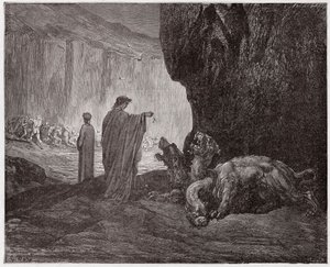 The Divine Comedy (La Divina Commedia, La Divine Comedie), Inferno, Canto 6: Virgil matar Cerberus i den tredje cirkeln - av Dante Alighieri (1265-1321) - Illustration av Gustave Dore (1832-1883) av Gustave Dore