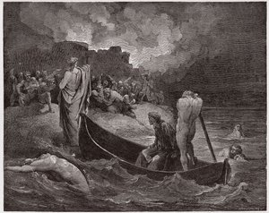 Den gudomliga komedin (La Divina Commedia, La Divine Comedie), Inferno, Canto 8: Vergilius och Dante går i land vid citadellet Dis - av Dante Alighieri (1265-1321) - Illustration av Gustave Dore (1832-1883) av Gustave Dore