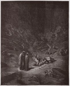 The Divine Comedy (La Divina Commedia, La Divine Comedie), Inferno, Canto 9: The burning sepulchres of the heresiarchs - av Dante Alighieri (1265-1321) - Illustration av Gustave Dore (1832-1883) av Gustave Dore