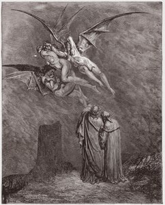 The Divine Comedy (La Divina Commedia, La Divine Comedie), Inferno, Canto 9: The heeous Erinyes: Megaera, Tisphone, Alecto - av Dante Alighieri (1265-1321) - Illustration av Gustave Dore (1832-1883) av Gustave Dore