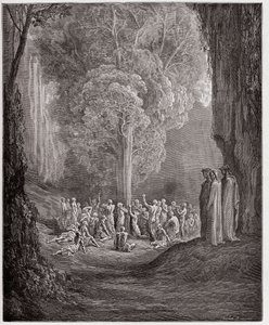 Den gudomliga komedin (La Divina Commedia, La Divine Comedie), Purgatorio, Canto 24: De frossande själarna som ropar under trädet - av Dante Alighieri (1265-1321) - Illustration av Gustave Dore (1832-1883) av Gustave Dore