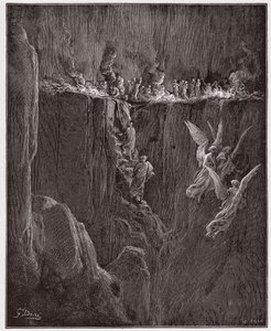 Den gudomliga komedin (La Divina Commedia, La Divine Comedie), Purgatorio, Canto 25: Vergilius och Dante stiger upp till den sjunde cirkeln genom lågor - av Dante Alighieri (1265-1321) - Illustration av Gustave Dore (1832-1883) av Gustave Dore