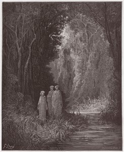 Den gudomliga komedin (La Divina Commedia, La Divine Comedie), Purgatorio, Canto 28: Dante, Vergilius och Statius i den antika skogen i det terrestra paradiset - av Dante Alighieri (1265-1321) - Illustration av Gustave Dore (1832-1883) ) av Gustave Dore