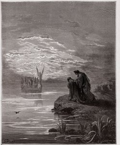 The Divine Comedy (La Divina Commedia, La Divine Comedie), Purgatorio, Canto 2: Dante bugar sig för änglapiloten - av Dante Alighieri (1265-1321) - Illustration av Gustave Dore (1832-1883) av Gustave Dore