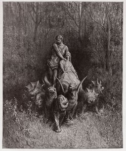 The Divine Comedy (La Divina Commedia, La Divine Comedie), Purgatorio, Canto 32: Jätten och skökan i vagnen - av Dante Alighieri (1265-1321) - Illustration av Gustave Dore (1832-1883) av Gustave Dore