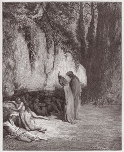 The Divine Comedy (La Divina Commedia, La Divine Comedie), Purgatorio, Canto 4: The indolent souls beside the rock - av Dante Alighieri (1265-1321) - Illustration av Gustave Dore (1832-1883) av Gustave Dore