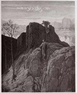 The Divine Comedy (La Divina Commedia, La Divine Comedie), Purgatorio, Canto 4: Vergilius leder Dante uppför den karga bergssidan - av Dante Alighieri (1265-1321) - Illustration av Gustave Dore (1832-1883) av Gustave Dore