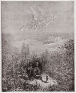 The Divine Comedy (La Divina Commedia, La Divine Comedie), Purgatorio, Canto 8: Änglarna driver bort ormen - av Dante Alighieri (1265-1321) - Illustration av Gustave Dore (1832-1883) av Gustave Dore