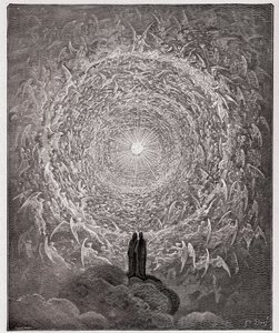 The Divine Comedy, Paradiso, Canto 31: Den helgonliga skaran bildar en ros i empyren (rose celeste) - av Dante Alighieri (1265-1321) av Gustave Dore